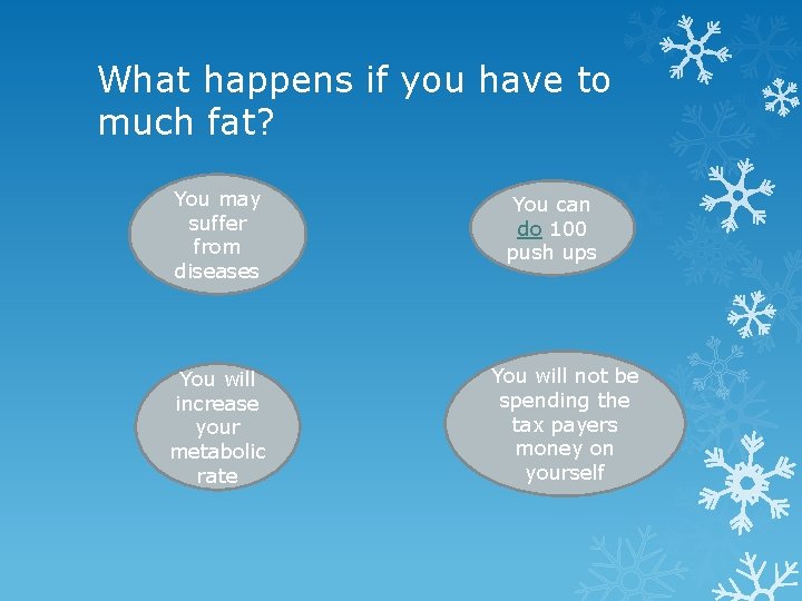 What happens if you have to much fat? You may suffer from diseases You