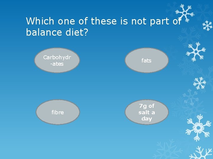 Which one of these is not part of balance diet? Carbohydr -ates fats fibre