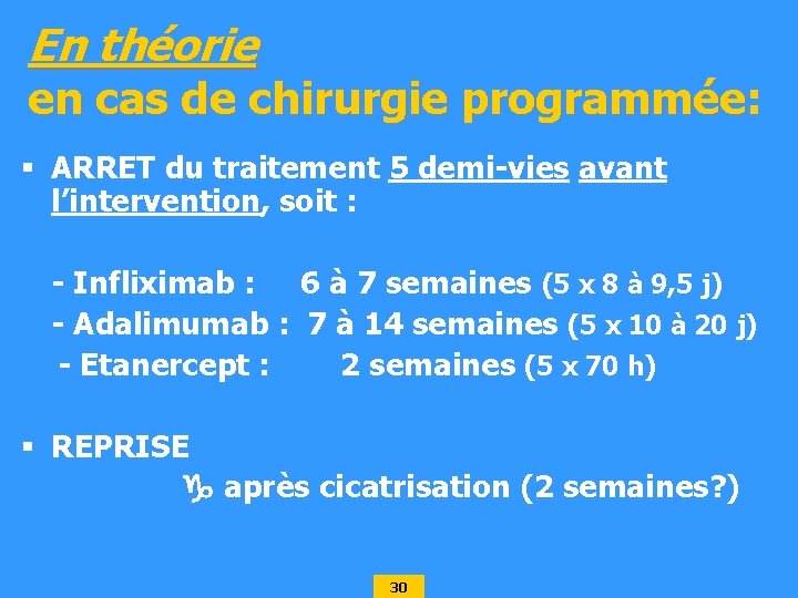 En théorie en cas de chirurgie programmée: § ARRET du traitement 5 demi-vies avant