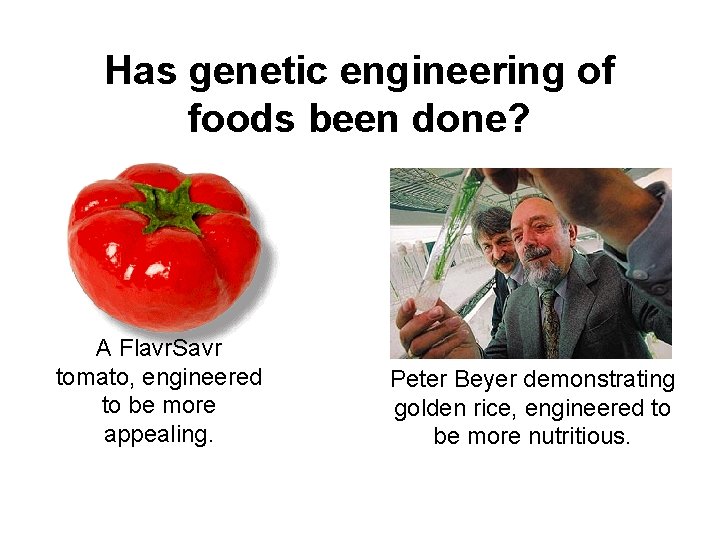 Has genetic engineering of foods been done? A Flavr. Savr tomato, engineered to be
