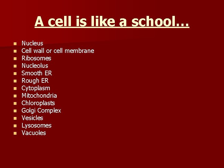 A cell is like a school… n n n n Nucleus Cell wall or