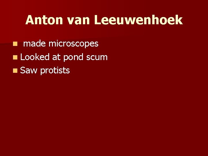 Anton van Leeuwenhoek made microscopes n Looked at pond scum n Saw protists n