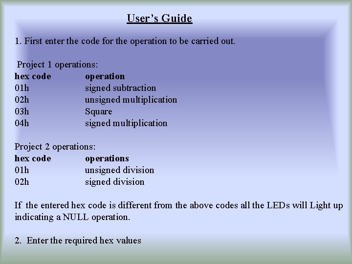 User’s Guide 1. First enter the code for the operation to be carried out.
