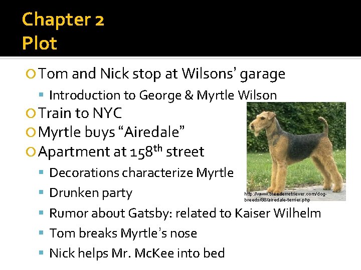 Chapter 2 Plot Tom and Nick stop at Wilsons’ garage Introduction to George &