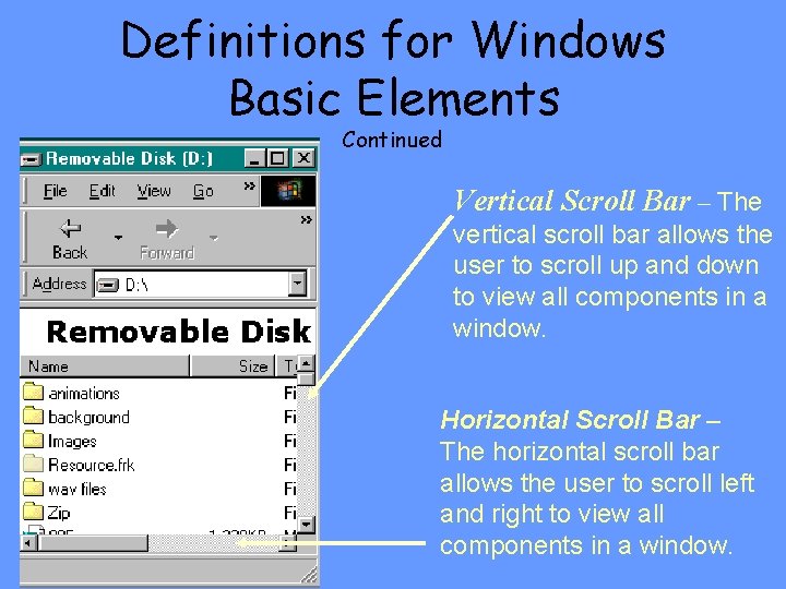 Definitions for Windows Basic Elements Continued Vertical Scroll Bar – The vertical scroll bar