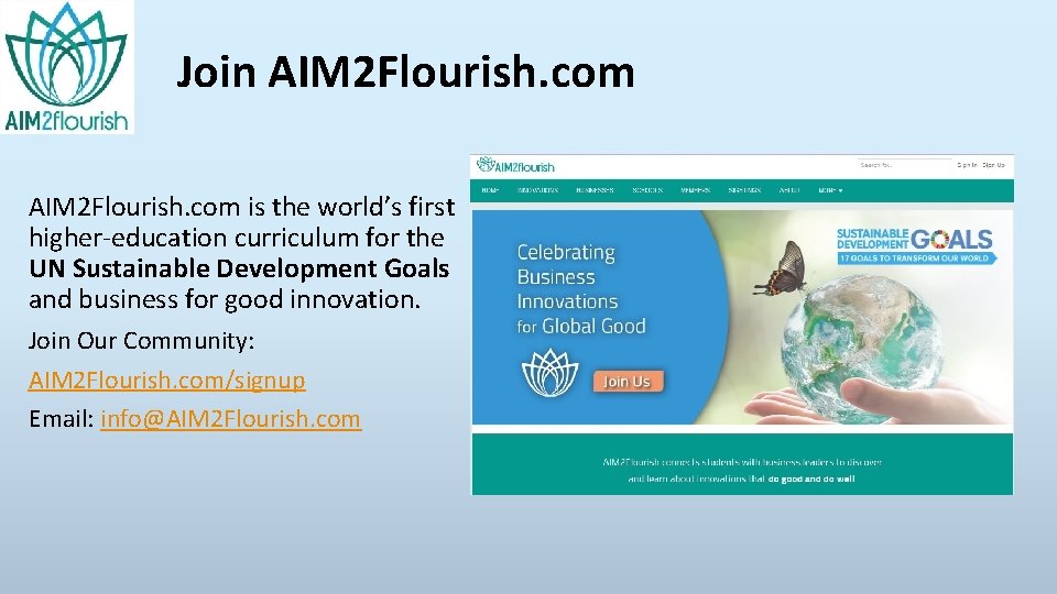 Join AIM 2 Flourish. com is the world’s first higher-education curriculum for the UN