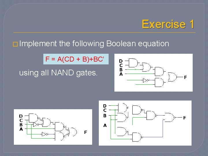 Exercise 1 � Implement the following Boolean equation F = A(CD + B)+BC’ using Exercise 1 � Implement the following Boolean equation F = A(CD + B)+BC’ using