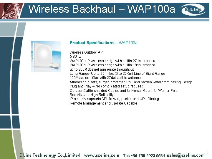 Wireless Backhaul – WAP 100 a Product Specifications – WAP 100 a Wireless Outdoor
