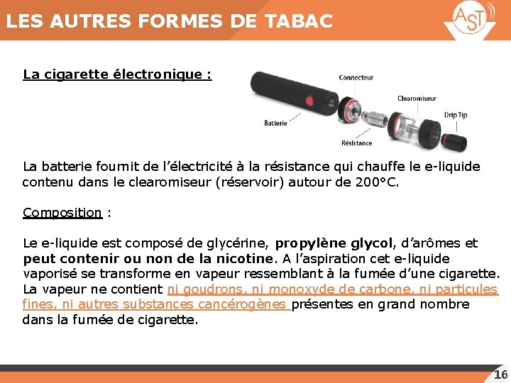 LES AUTRES FORMES DE TABAC La cigarette électronique : La batterie fournit de l’électricité