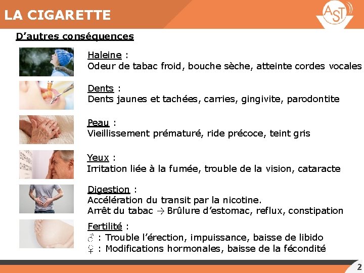 LA CIGARETTE D’autres conséquences Haleine : Odeur de tabac froid, bouche sèche, atteinte cordes