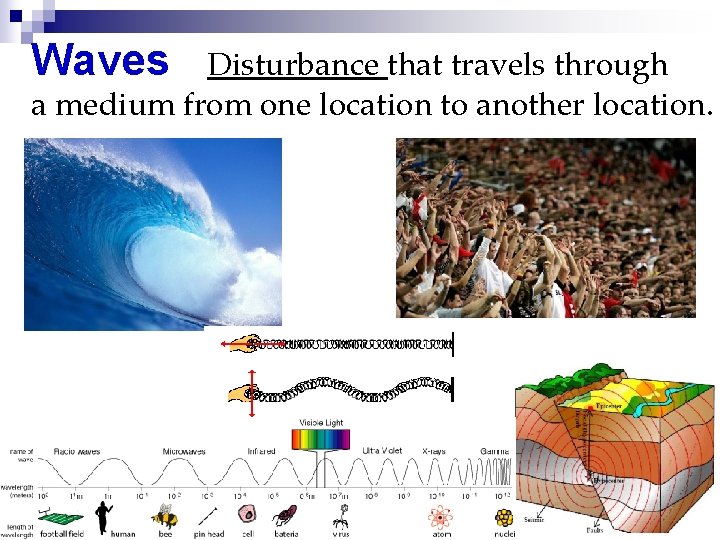 Waves Disturbance that travels through a medium from one location to another location. 