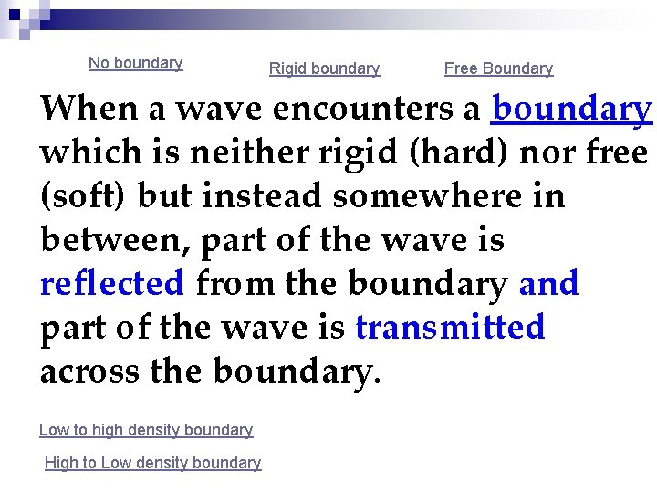 No boundary Rigid boundary Free Boundary When a wave encounters a boundary which is