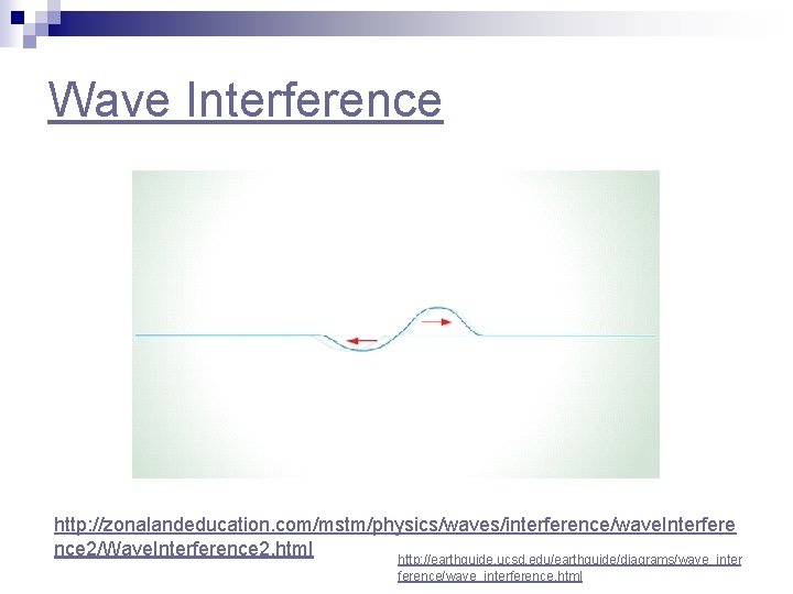 Wave Interference http: //zonalandeducation. com/mstm/physics/waves/interference/wave. Interfere nce 2/Wave. Interference 2. html http: //earthguide. ucsd.