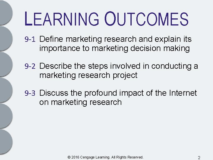 LEARNING OUTCOMES 9 -1 Define marketing research and explain its importance to marketing decision