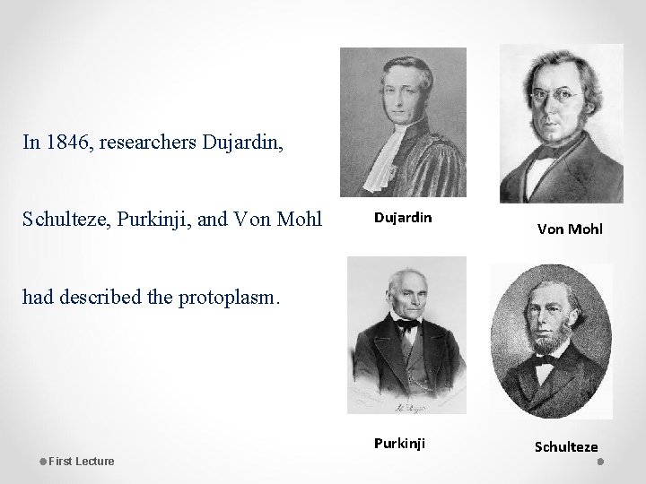 In 1846, researchers Dujardin, Schulteze, Purkinji, and Von Mohl Dujardin Von Mohl had described