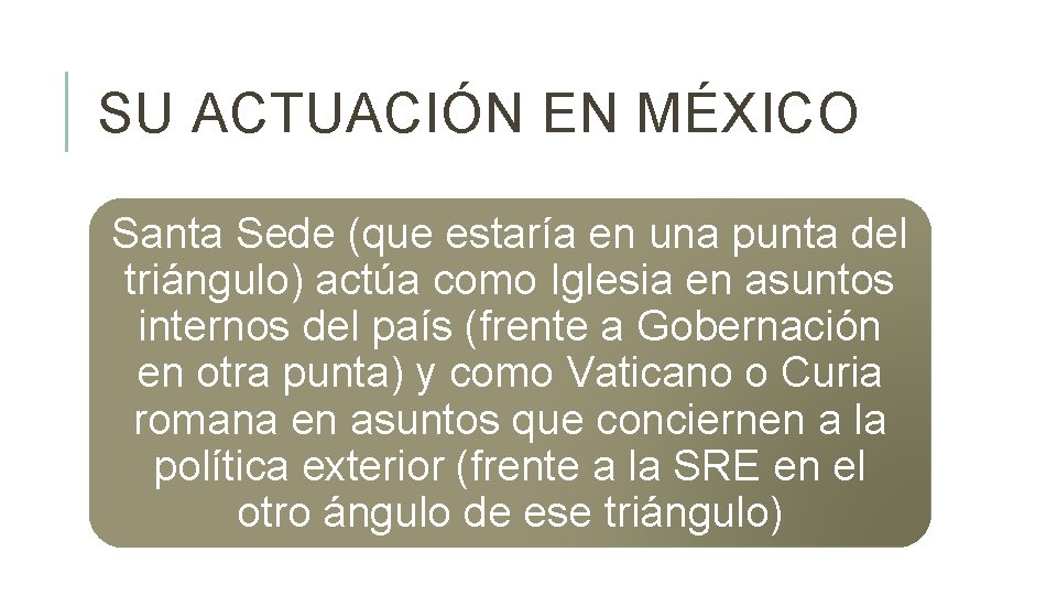 SU ACTUACIÓN EN MÉXICO Santa Sede (que estaría en una punta del triángulo) actúa