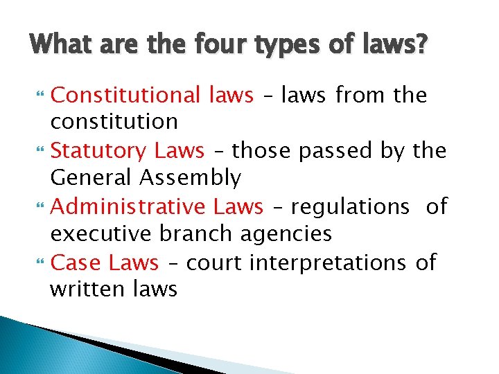 What are the four types of laws? Constitutional laws – laws from the constitution