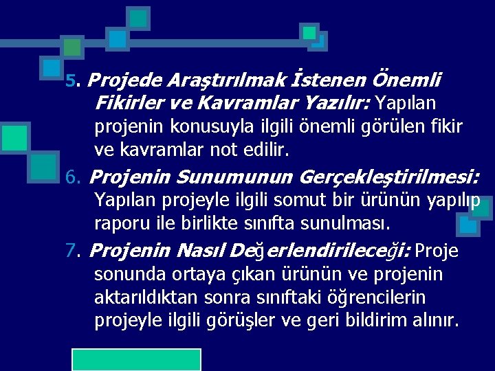 5. Projede Araştırılmak İstenen Önemli Fikirler ve Kavramlar Yazılır: Yapılan projenin konusuyla ilgili önemli