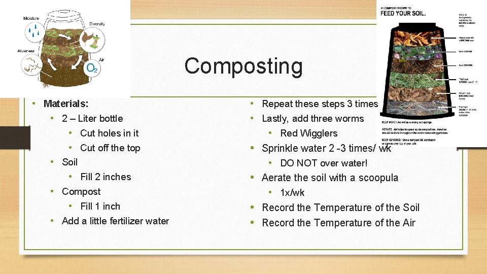 Composting • Materials: • 2 – Liter bottle • Cut holes in it •