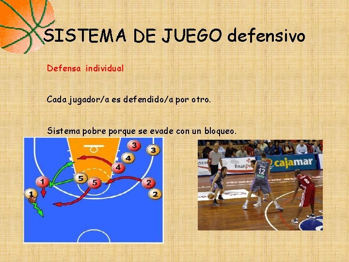 SISTEMA DE JUEGO defensivo Defensa individual Cada jugador/a es defendido/a por otro. Sistema pobre SISTEMA DE JUEGO defensivo Defensa individual Cada jugador/a es defendido/a por otro. Sistema pobre