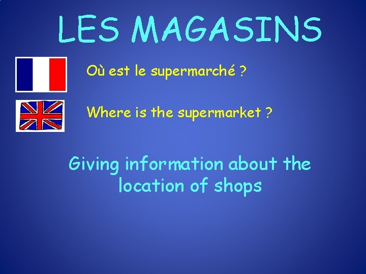 LES MAGASINS Où est le supermarché ? Where is the supermarket ? Giving information