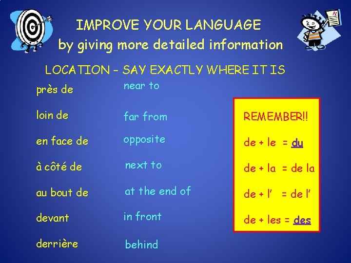 IMPROVE YOUR LANGUAGE by giving more detailed information LOCATION – SAY EXACTLY WHERE IT