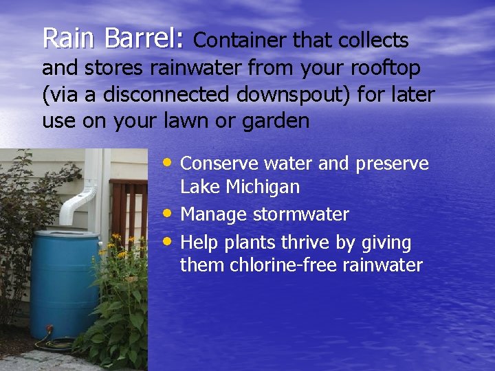 Rain Barrel: Container that collects and stores rainwater from your rooftop (via a disconnected