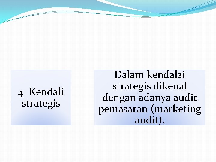 4. Kendali strategis Dalam kendalai strategis dikenal dengan adanya audit pemasaran (marketing audit). 