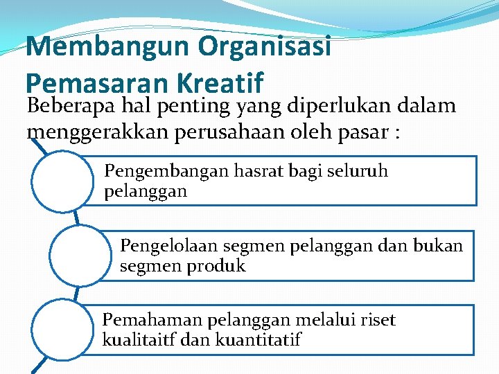 Membangun Organisasi Pemasaran Kreatif Beberapa hal penting yang diperlukan dalam menggerakkan perusahaan oleh pasar