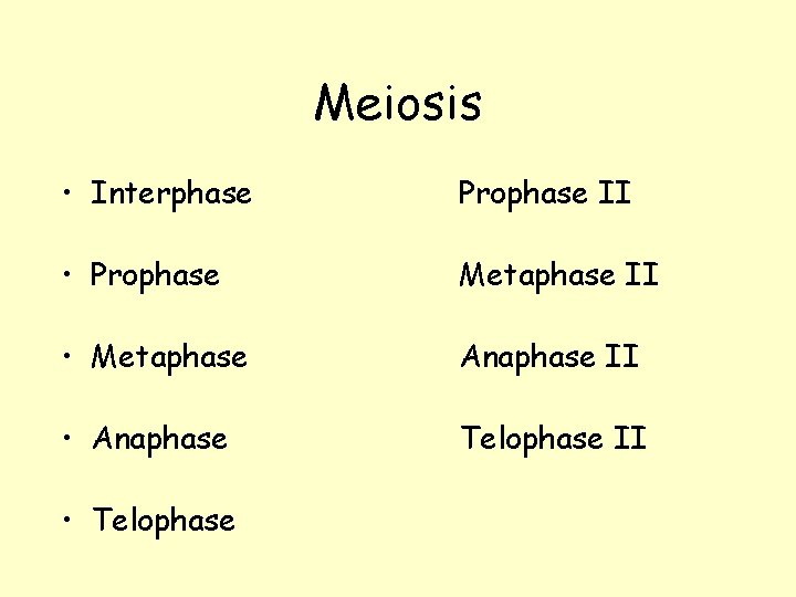 Meiosis • Interphase Prophase II • Prophase Metaphase II • Metaphase Anaphase II •