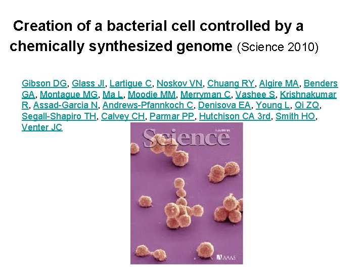 Creation of a bacterial cell controlled by a chemically synthesized genome (Science 2010) xt