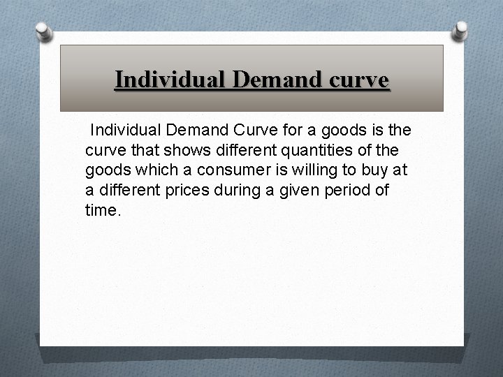 Individual Demand curve Individual Demand Curve for a goods is the curve that shows