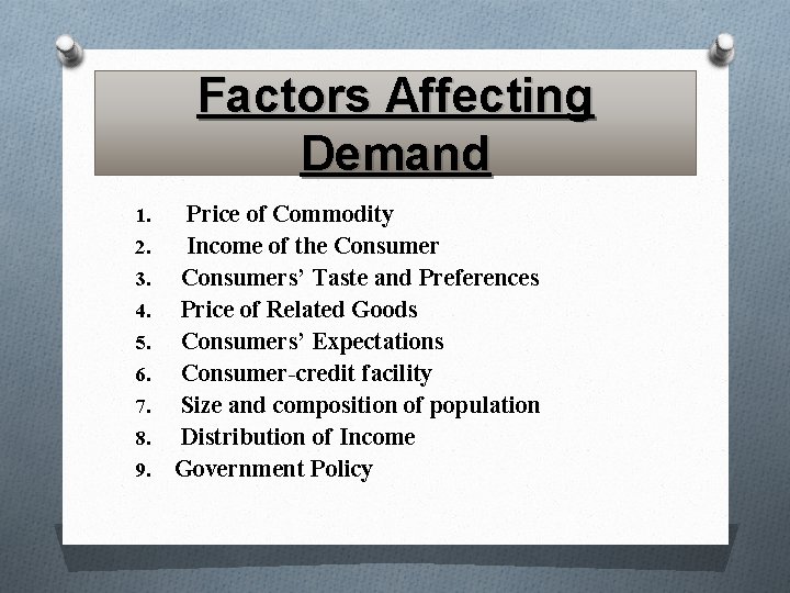 Factors Affecting Demand 1. 2. 3. 4. 5. 6. 7. 8. 9. Price of