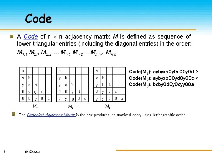 Code A Code of n n adjacency matrix M is defined as sequence of