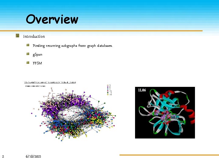 Overview Introduction Finding recurring subgraphs from graph databases. g. Span FFSM 1 L 06