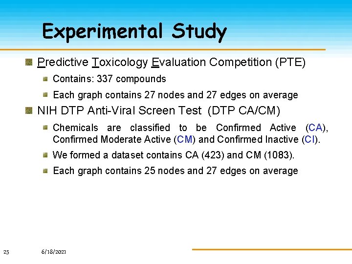 Experimental Study Predictive Toxicology Evaluation Competition (PTE) Contains: 337 compounds Each graph contains 27