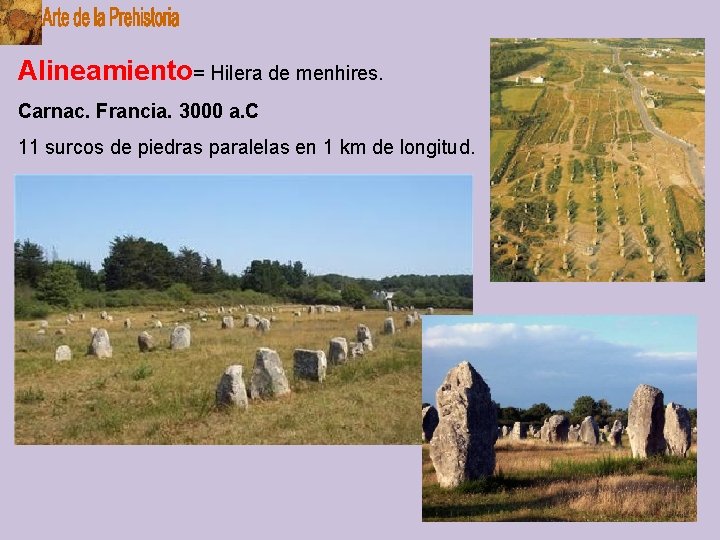 Alineamiento= Hilera de menhires. Carnac. Francia. 3000 a. C 11 surcos de piedras paralelas
