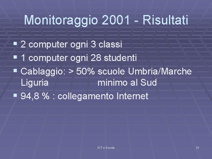 Monitoraggio 2001 - Risultati § 2 computer ogni 3 classi § 1 computer ogni