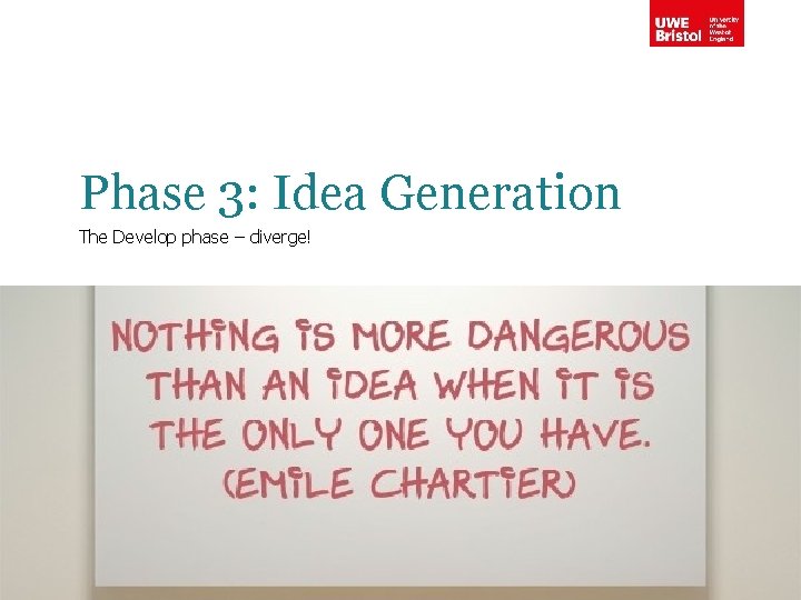 Phase 3: Idea Generation The Develop phase – diverge! 