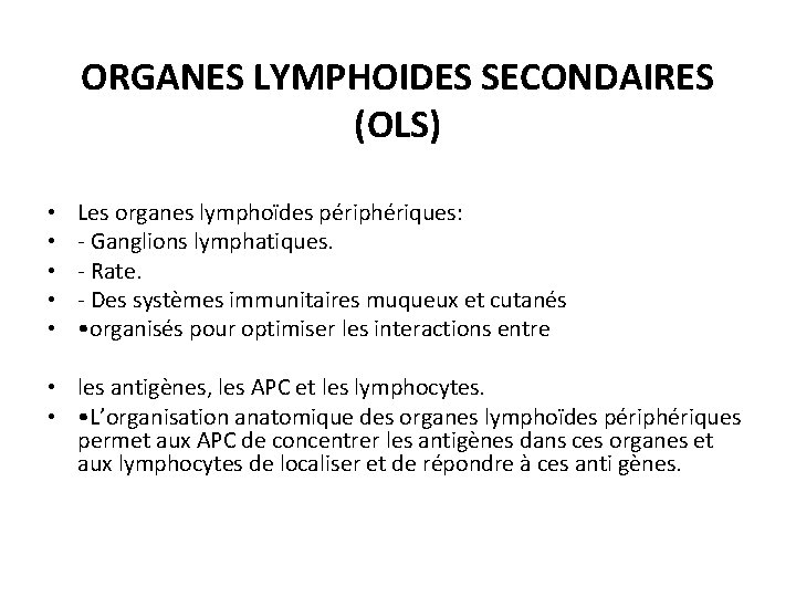 ORGANES LYMPHOIDES SECONDAIRES (OLS) • • • Les organes lymphoïdes périphériques: - Ganglions lymphatiques.
