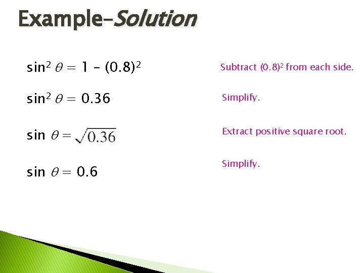 Example–Solution sin 2 = 1 – (0. 8)2 Subtract (0. 8)2 from each side.