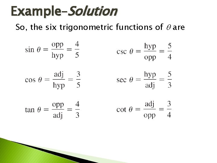 Example–Solution So, the six trigonometric functions of are 