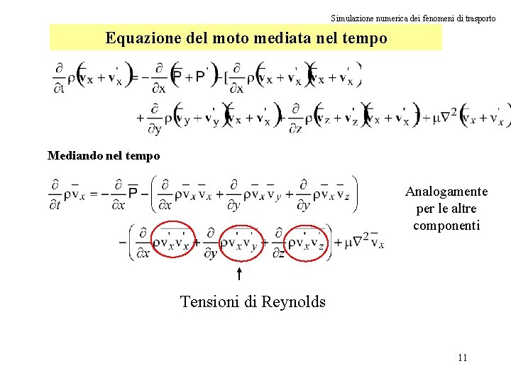 Simulazione numerica dei fenomeni di trasporto Equazione del moto mediata nel tempo Mediando nel