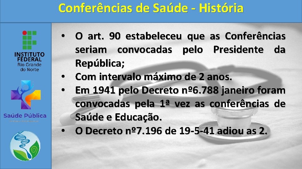 Conferências de Saúde - História • O art. 90 estabeleceu que as Conferências seriam