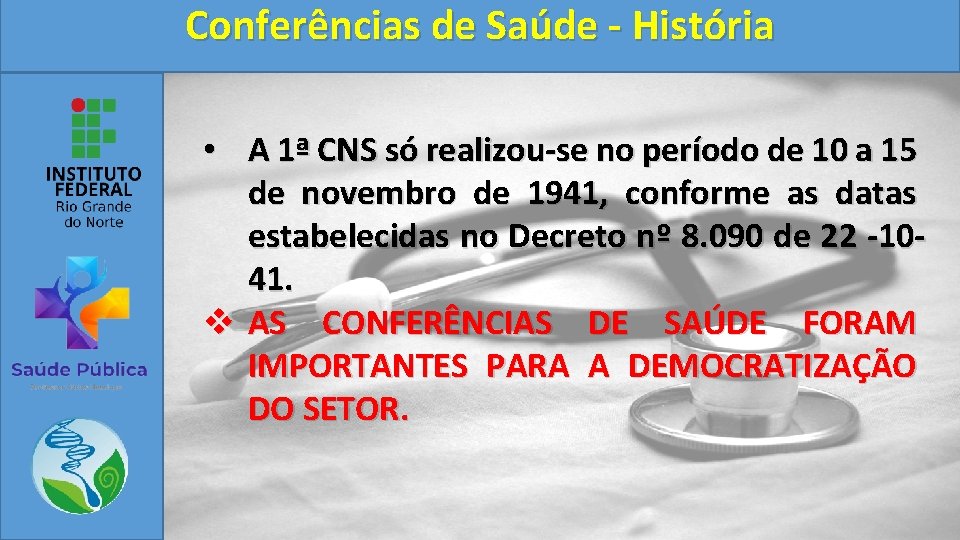 Conferências de Saúde - História • A 1ª CNS só realizou-se no período de