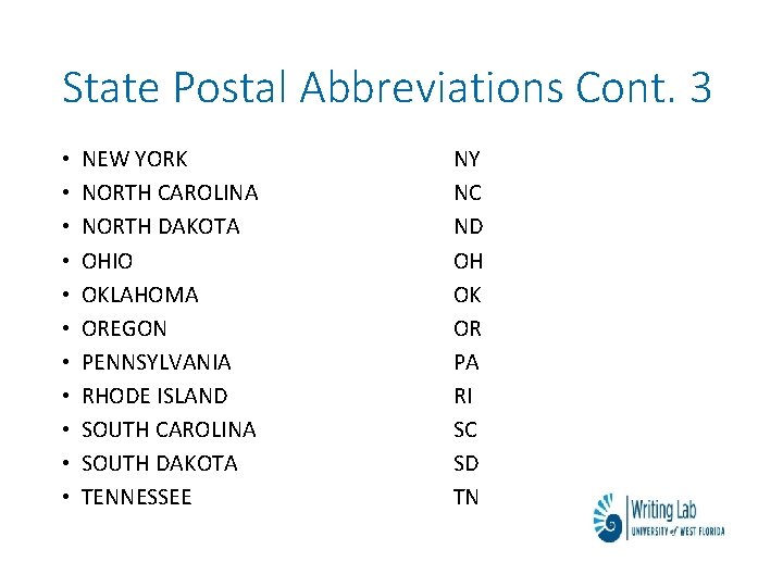 State Postal Abbreviations Cont. 3 • • • NEW YORK NORTH CAROLINA NORTH DAKOTA