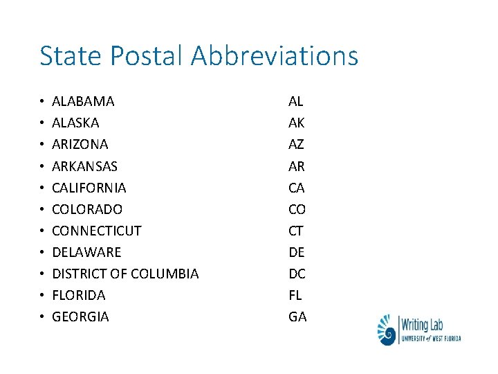 State Postal Abbreviations • • • ALABAMA ALASKA ARIZONA ARKANSAS CALIFORNIA COLORADO CONNECTICUT DELAWARE