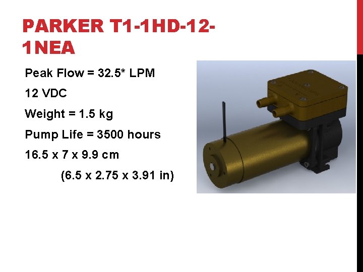 PARKER T 1 -1 HD-121 NEA Peak Flow = 32. 5* LPM 12 VDC