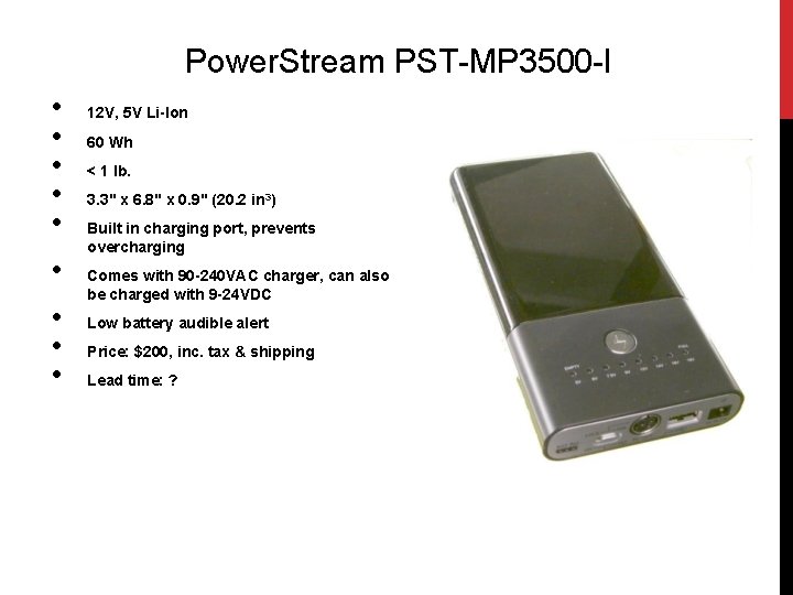 Power. Stream PST-MP 3500 -I • • • 12 V, 5 V Li-Ion 60