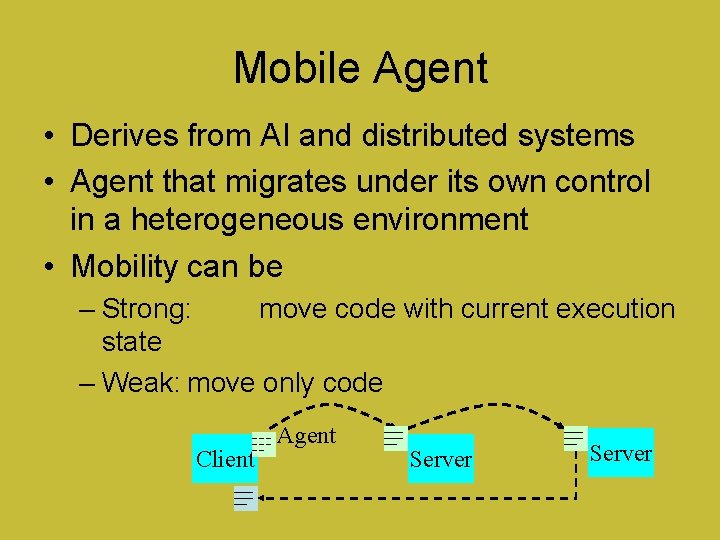 Mobile Agent • Derives from AI and distributed systems • Agent that migrates under